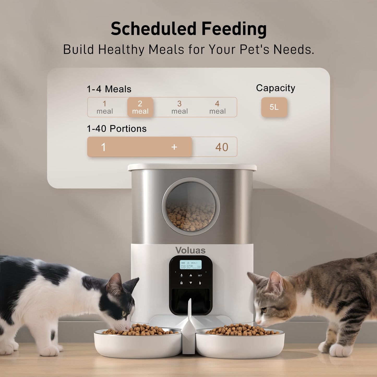 VOLUAS Automatic Cat Feeders for Two Cats,Stainless Steel 5L Pet Feeder for Cats and Dogs Timed Cat Feeder Pet Dry Food Dispenser, White