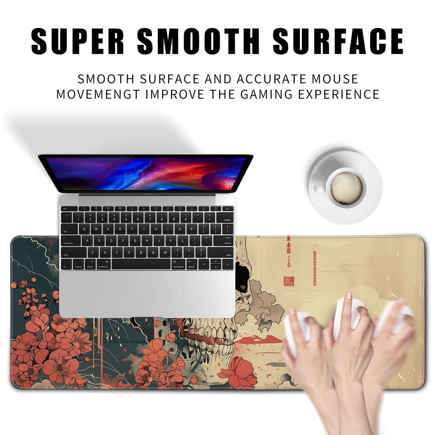 Skull Mouse Pad Japanese Ukiyo-e Mouse Pad XL Anime Big Mouse Pads for Desk Large Gaming Large Mouse Pad for Men Desk Pad with Stitched Edges Non-Slip Large Computer Mat, 31.5x11.8 in