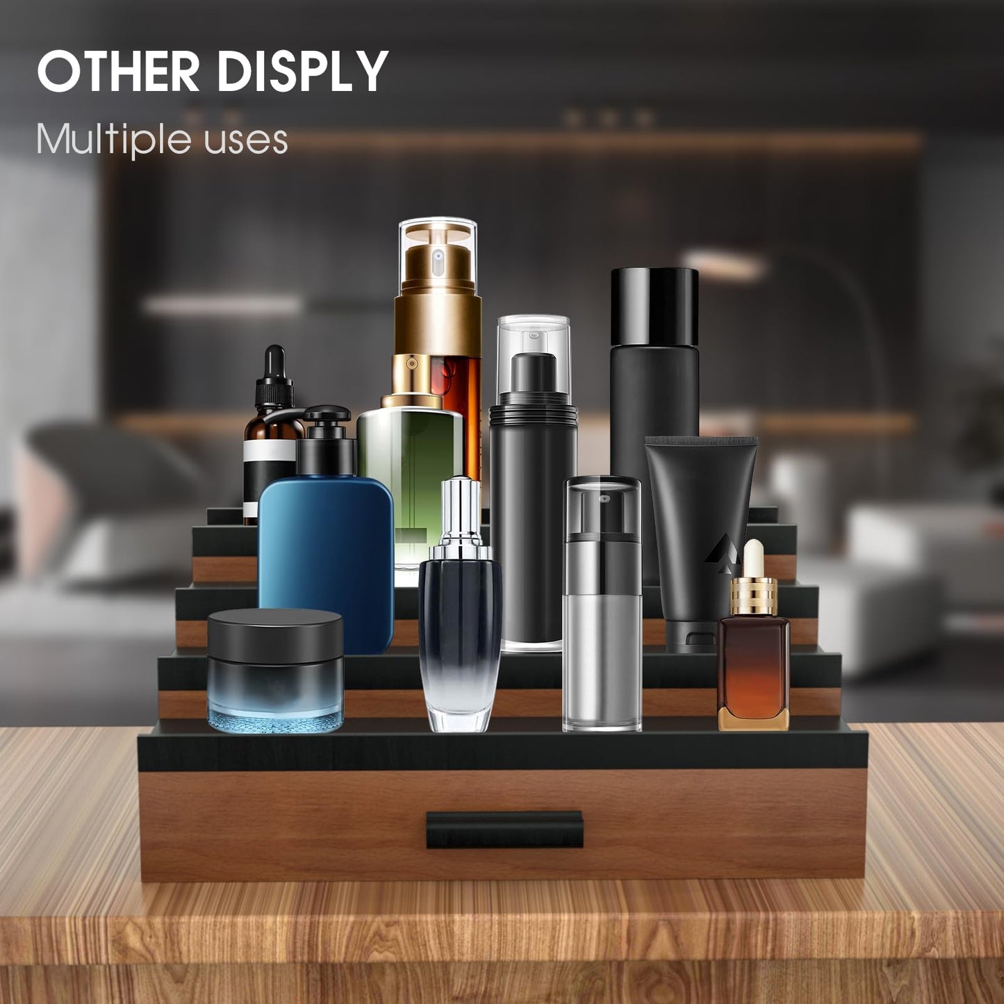 Sephyroth Cologne Organizer for Men 4 Tier of Elevated Cologne Display Shelf with Drawer Storage Perfume Organization and Storage Display Risers,Great Gift for Man(4Tier-WalnutBalck)