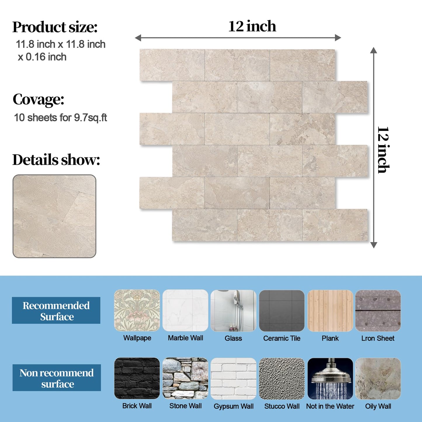 10-Pack Peel and Stick Tile Backsplash 12"X12" PVC Wall Tiles, Stick on Backsplash for Kitchen, Bathroom Tile, Fireplace Décor, Laundry Table, Stair Decals in Beige Ecru