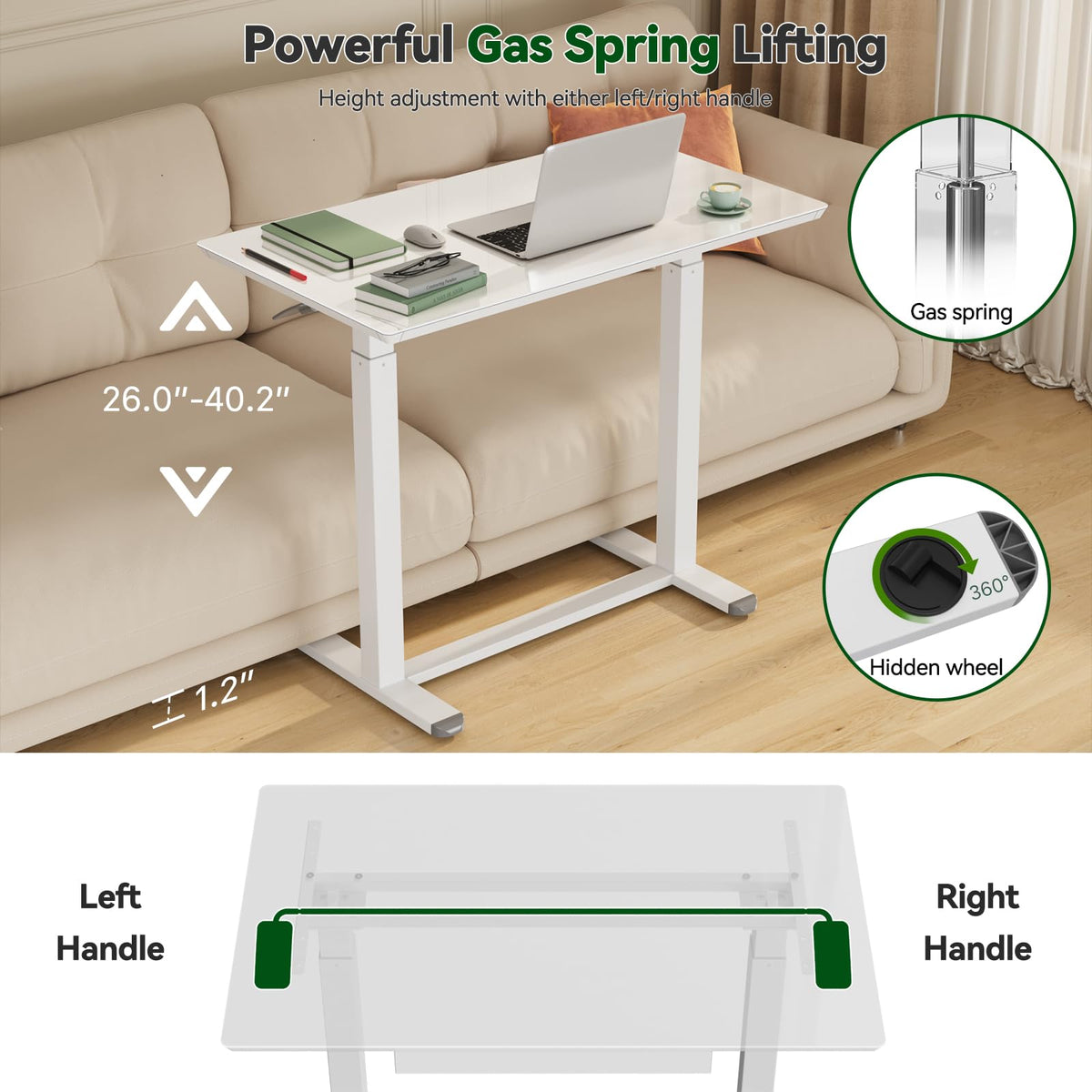 Gibbon Mounts Glass Standing Desk with Drawers, 35inch Small Mobile Laptop Desk, Height Adjustable Rolling Sit Stand Desk, White Pneumatic Portable Computer Desk with Hidden Wheels or Lockable Casters