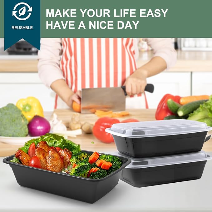 50 Pack Meal Prep Containers 24 oz, Leakproof Plastic Food Storage Containers