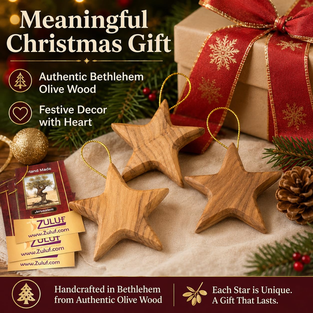 Zuluf Set of 3 Olive Wood Star Ornaments from Bethlehem 2.56 Inch, Handcrafted Star of Bethlehem Christmas Tree Decorations, Rustic Holy Land Christian Wooden Ornaments, with Certificates