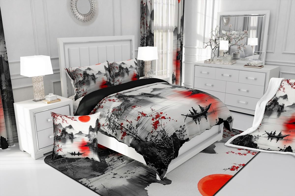 Feelyou Japanese Theme Bedding Sheets Full Cherry Blossom Bed Sheet Set for Adult Kids Watercolor Fitted Sheet Natural Landscape Bed Cover 3Pcs,1 Fitted Sheet+2 Pillow Sham(No Flat Sheet)