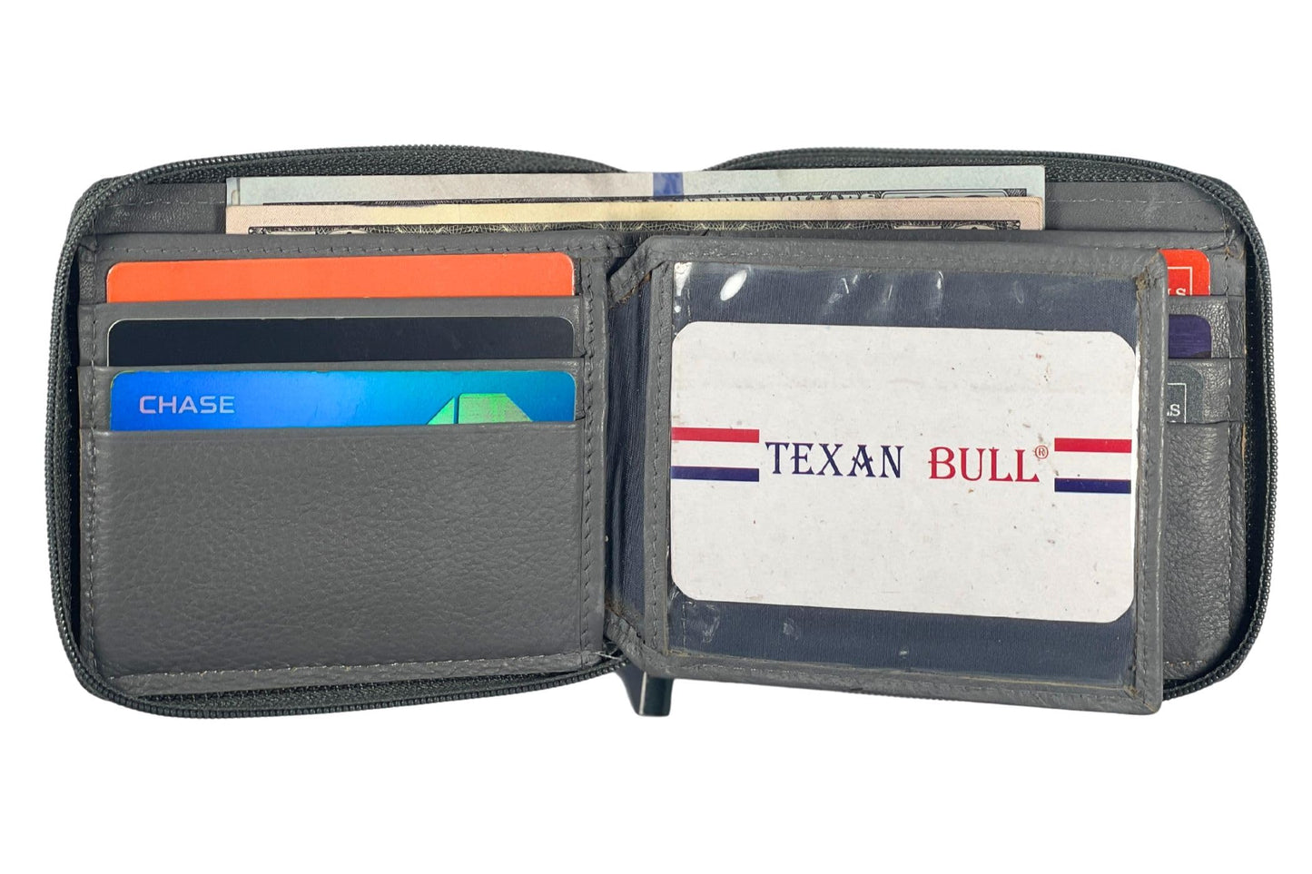 Texan Bull RFID Blocking Bifold Cowhide Leather Wallets For Men With Zipper Security | Safe Metal Zip Chain 9 Card-ID Slim Minimalist Mens Wallet (Gray)