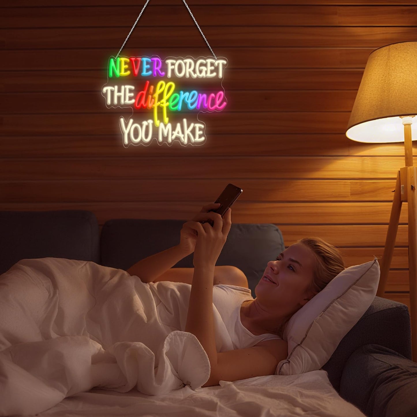 Never Forget The Difference You Make Neon Sign, Dimmable LED Neon Signs for Wall Decor, USB Powered Neon Light Sign Wall Art for Bedroom Christmas Party Classroom Decoration 16.14 x 11.81"