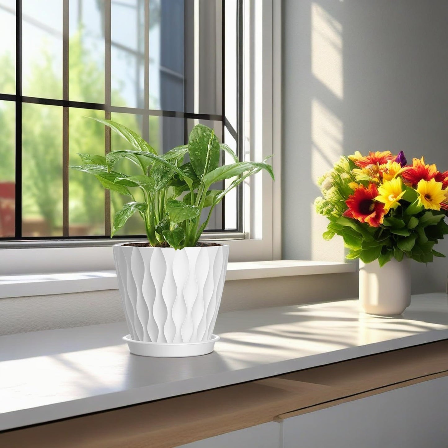 SQKH 4 Inch Plant Pots, 6 Pack Indoor Flower Pots, Planters with Drainage Holes and Trays for Orchids, Violets, Succulents, Herbs, and Other Plants,White