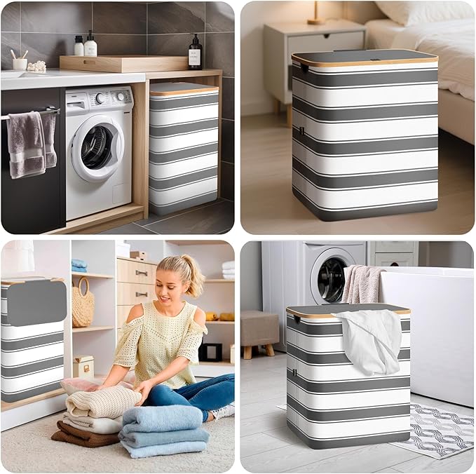 BALEINE Laundry Hamper with Lid, Tall Laundry Baskets with Bamboo Pull Handles