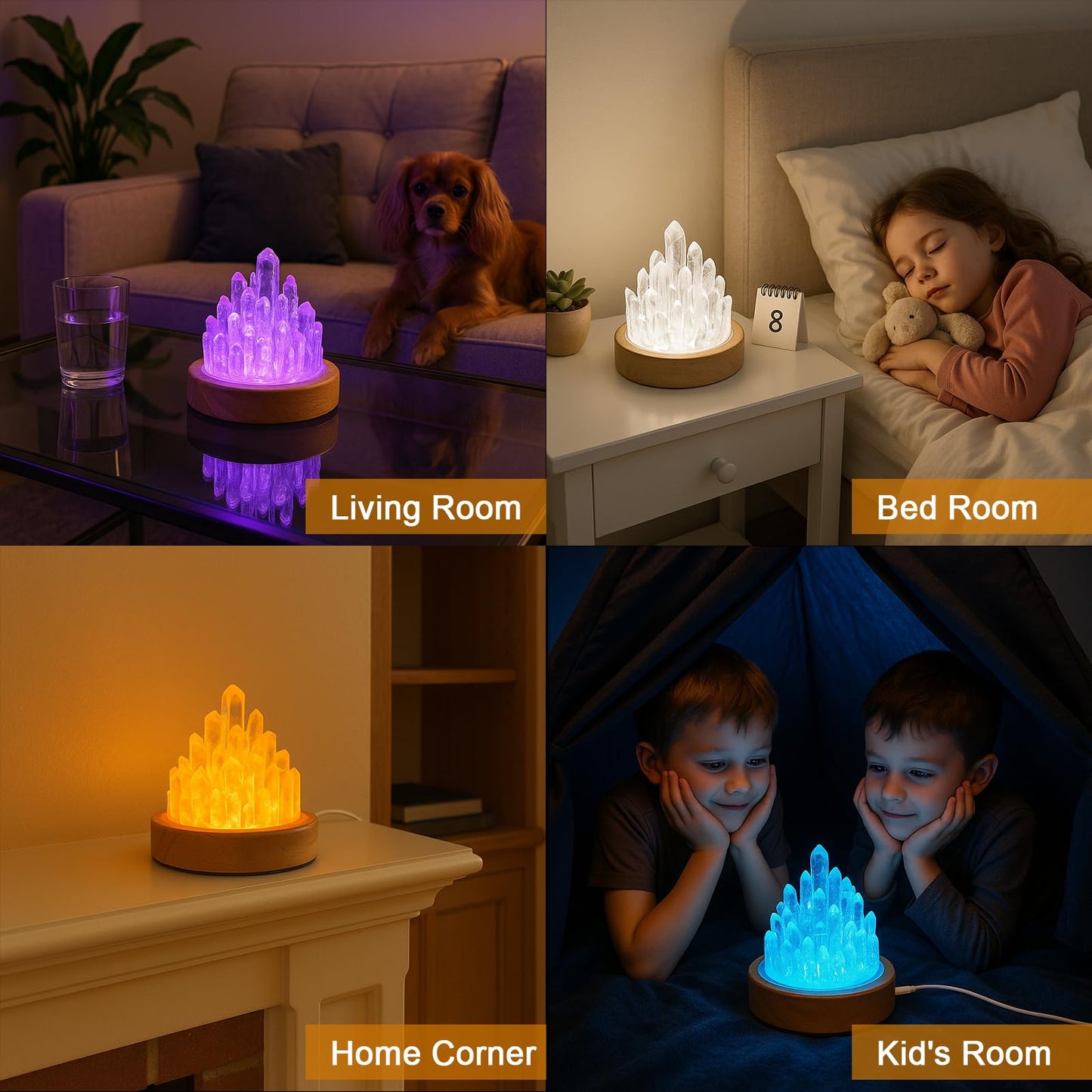 Healing Crystals Lamp with Wooden Light Base, Clear Quartz Night Lamp, Natural Healing Crystal Atmosphere Lamp, 8 Colours Dimming Mode Bedroom Lamp Suitable Night Light for Office Home Christmas Decor