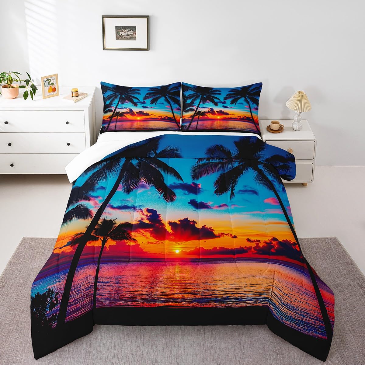 Feelyou Ocean Beach Themed Bedding Set Twin Size,Tropical Sunset Beach with Palm Trees Comforter Set,Peaceful Sea Marine Palm Tree Comforter Bright Hawaii Style Duvet Set 1 Comforter 1 Pillowcase