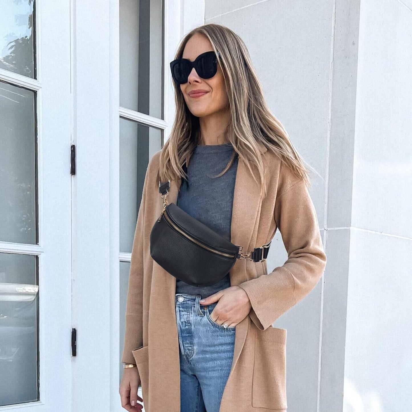 Roulens Crossbody Bag for Women Fashion Waist Packs Soft Vegan PU Leather Belt Bag Large Capacity Shoulder Bag with Adjustable and Removable Wide Strap
