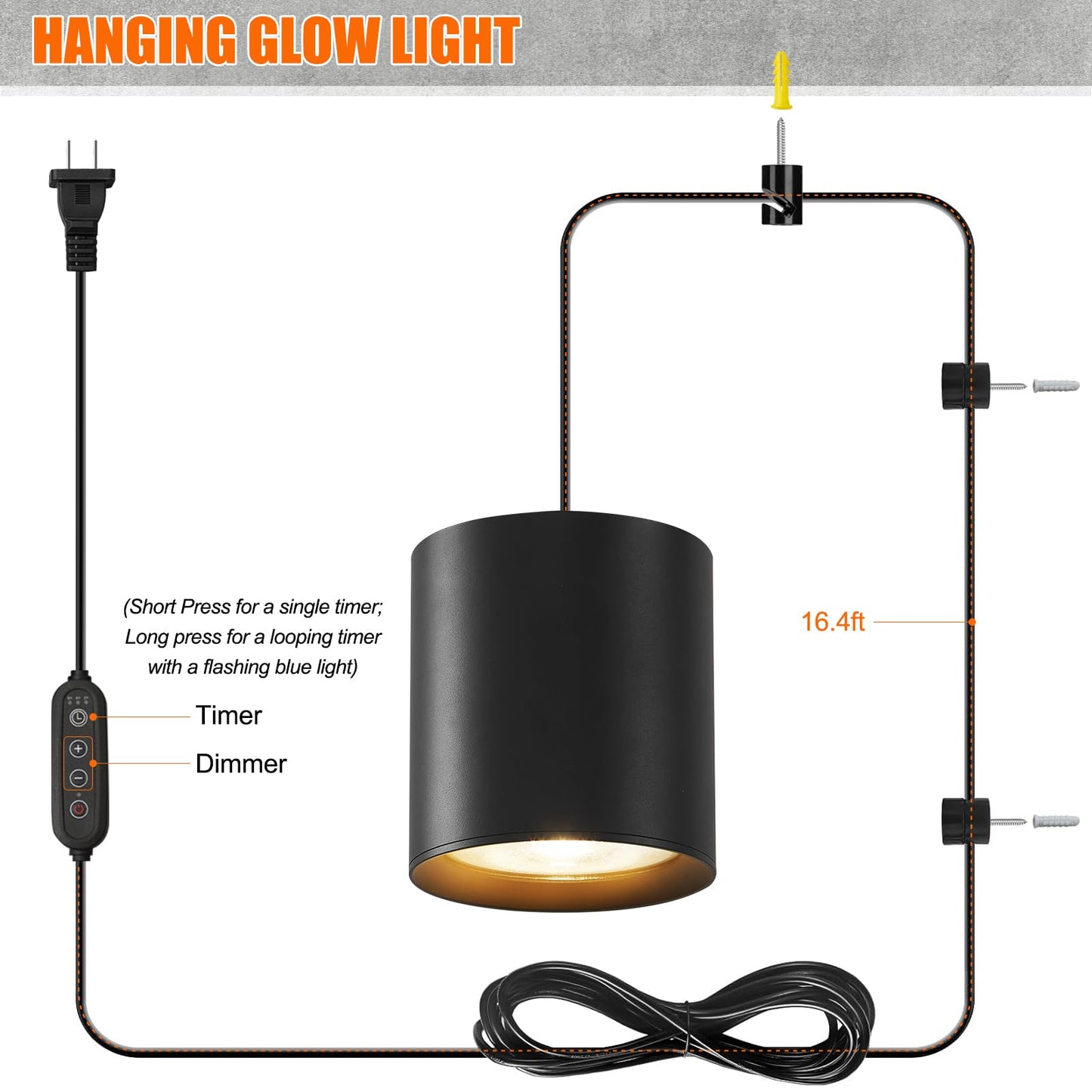 Airseafar Dimmable Hanging Grow Lights for Indoor Plants, Full Spectrum Hanging Plant Light with Timer & 16.4FT Power Cord, 24W, 3600K Black Glow Light for Garden, Herbs, Seed, Flowers