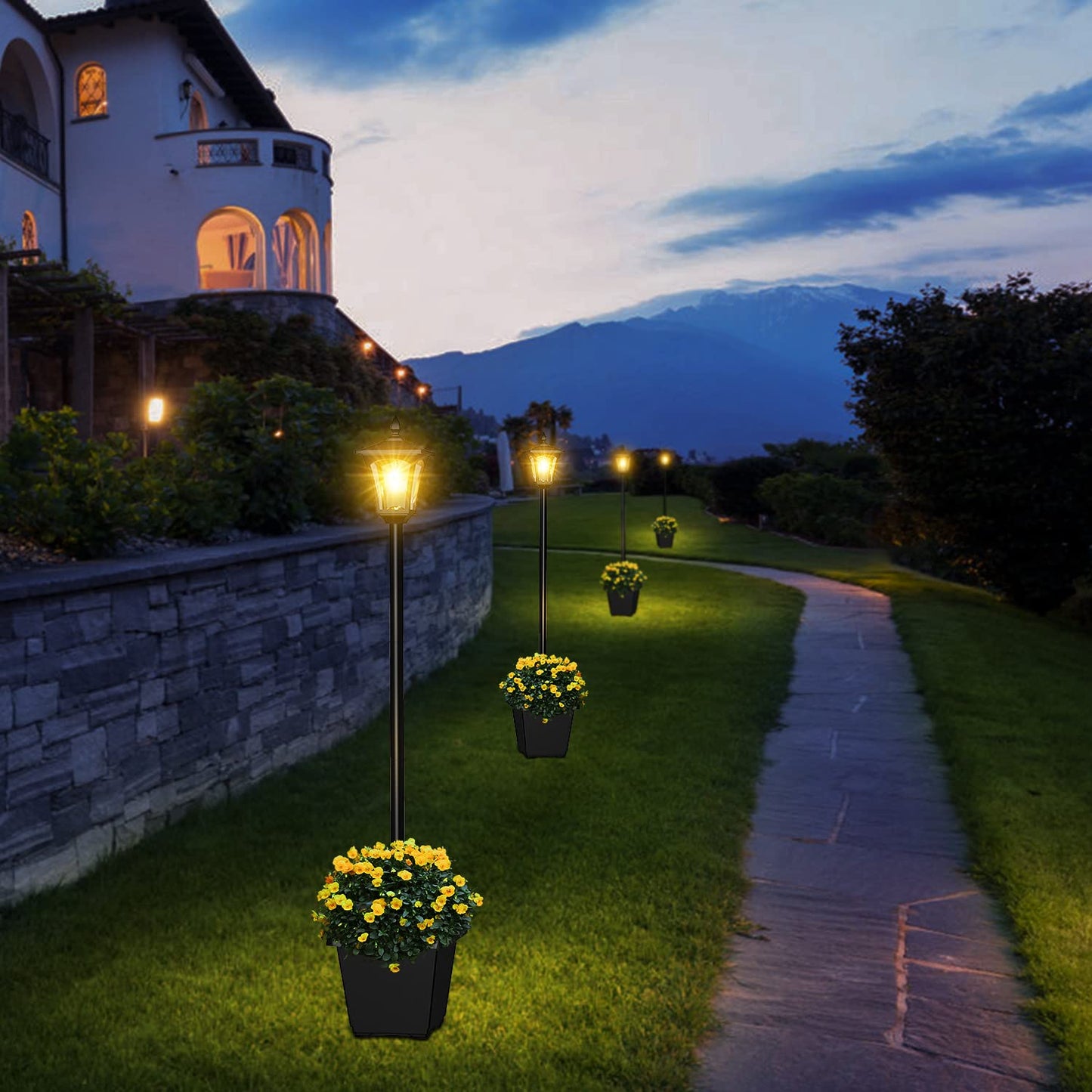 ILANCK 64 Inch Solar Lamp Post Light with Planter, 60 High Lumens Street Light, Solar Post Lights Waterproof for Garden, Pathway, Lawn, Driveway, Front Back Door Outdoor Pole Lamp(Warm)