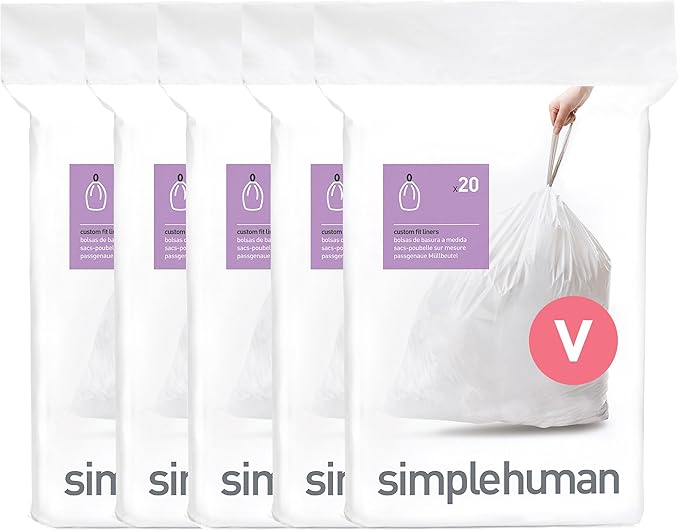 simplehuman Code V 100 Count, Dispenser Pack Custom Fit Liners, Drawstring