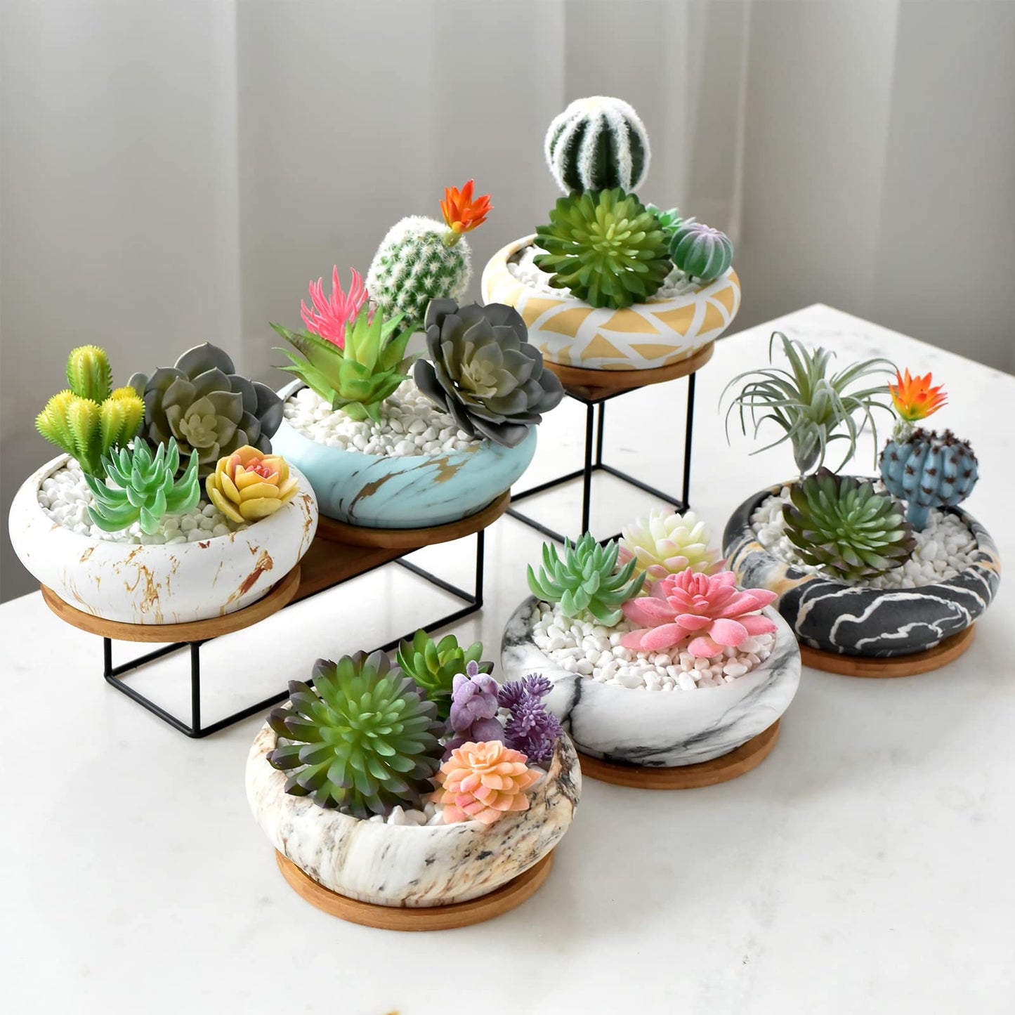 ARTKETTY Succulent Pots - 7.3 Inch Ceramic Bonsai Pots with Trays Set of 2, Large Succulent Plant Pots with Drainage Shallow Planters for Indoor Plants Marble Cactus Flower Plant Container Bowl