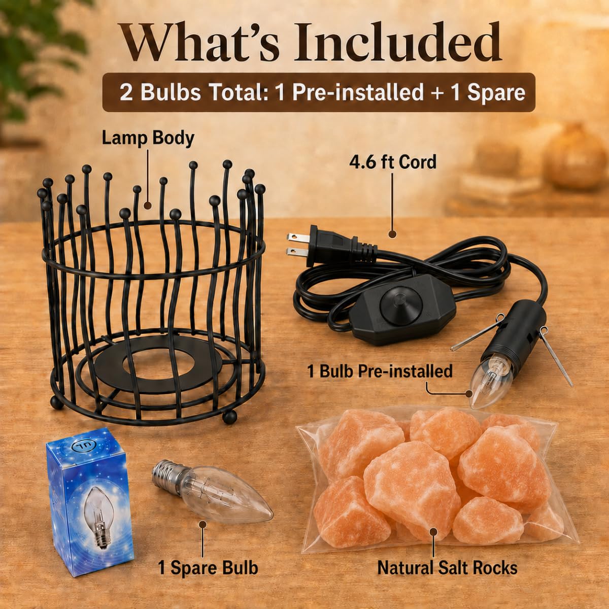 LOOPUPU Himalayan Salt Lamp 5in Plug-in Natural Pink Salt Rock Night Light Dimmer Switch 2 Bulbs Included Bedroom Desk Decor (Curved Wire Basket)