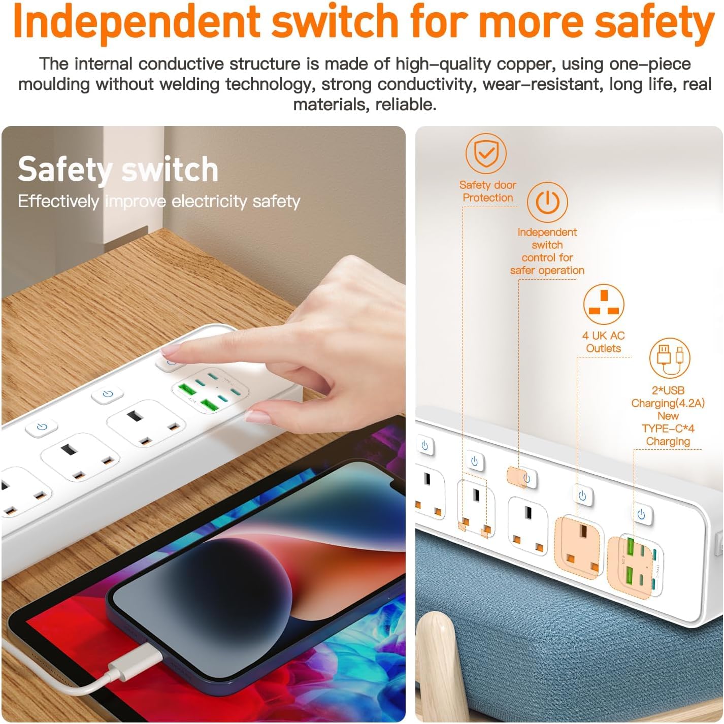 AUNNO Extension Lead with USB Slots, 4 Way Sockets Outlets with 4 USB-C Ports and 2 USB Ports, 1.8M Extension Cable with Switch Surge Protected Power Strips, UK Multi Plug Adapter Electrical Cords