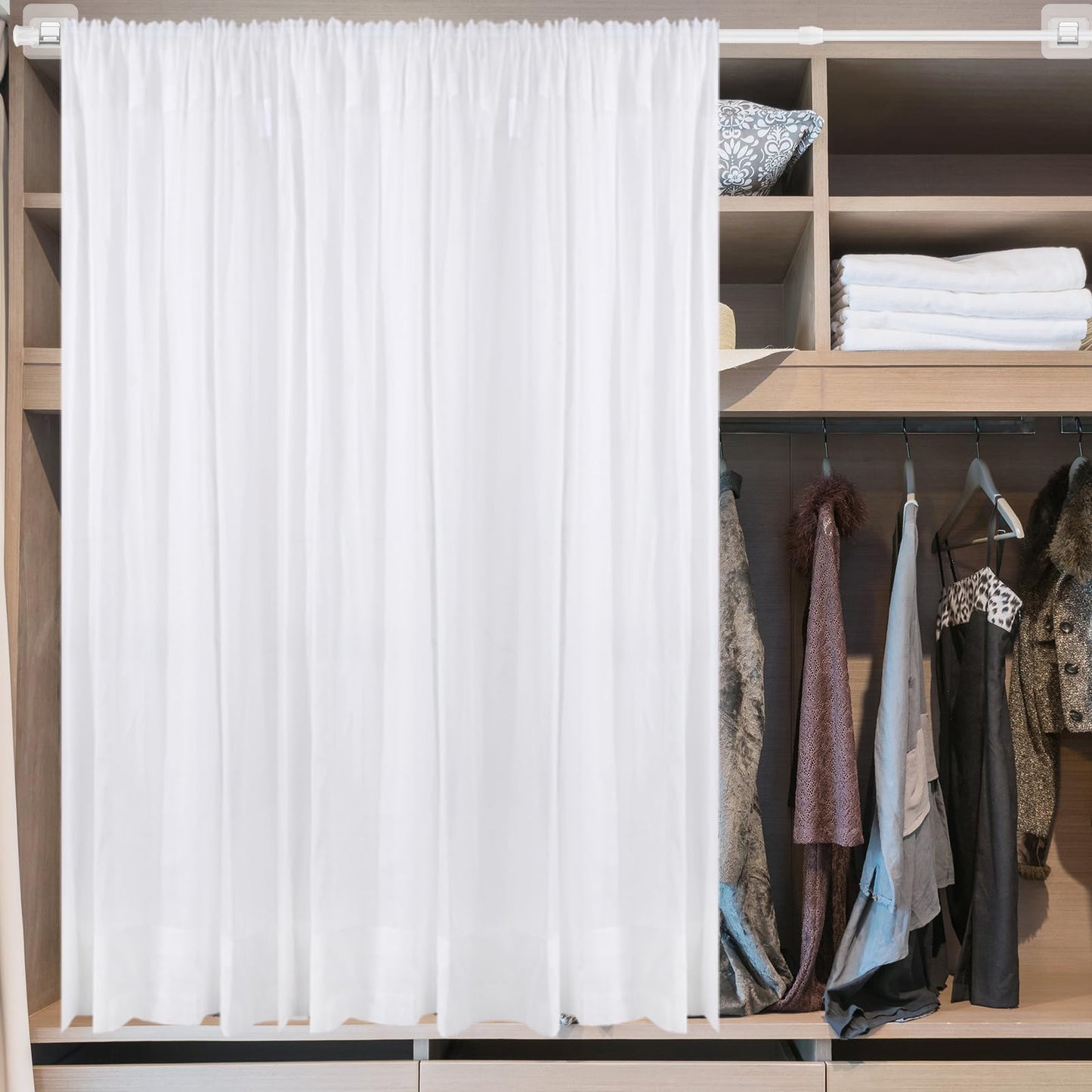2 Pieces Adjustable Curtain Rod Extendable Spring Tension Rod with Self Adhesive Hook for Closet, Wardrobe, Bookshelf, Small Window, White (15.7 to 27.5 Inch)