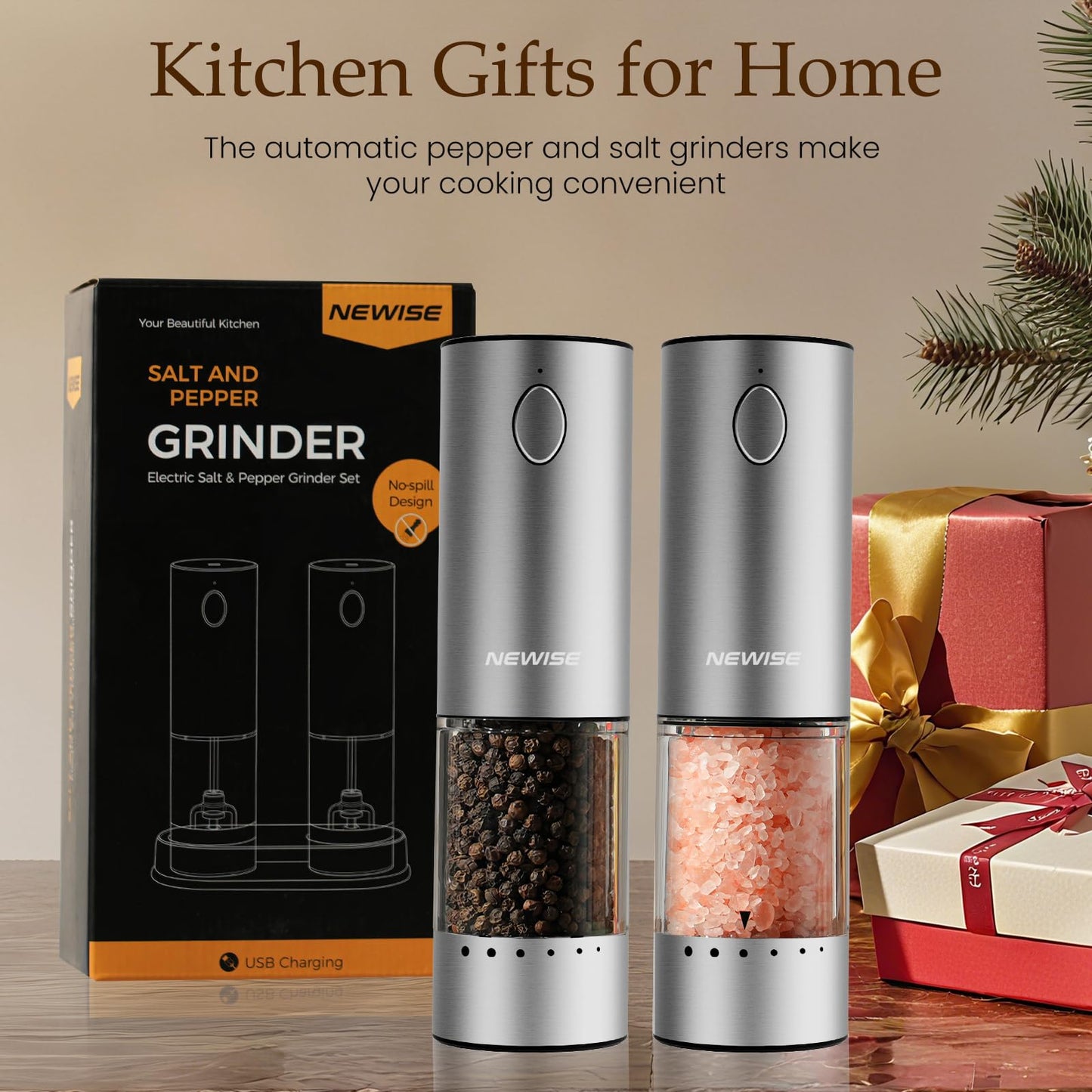 Newise Electric Salt and Pepper Grinder Set - Rechargeable Stainless Steel Salt and Pepper Shakers with LED Lights, Adjustable Coarseness, Large Capacity, Kitchen Appliances Gifts for Women