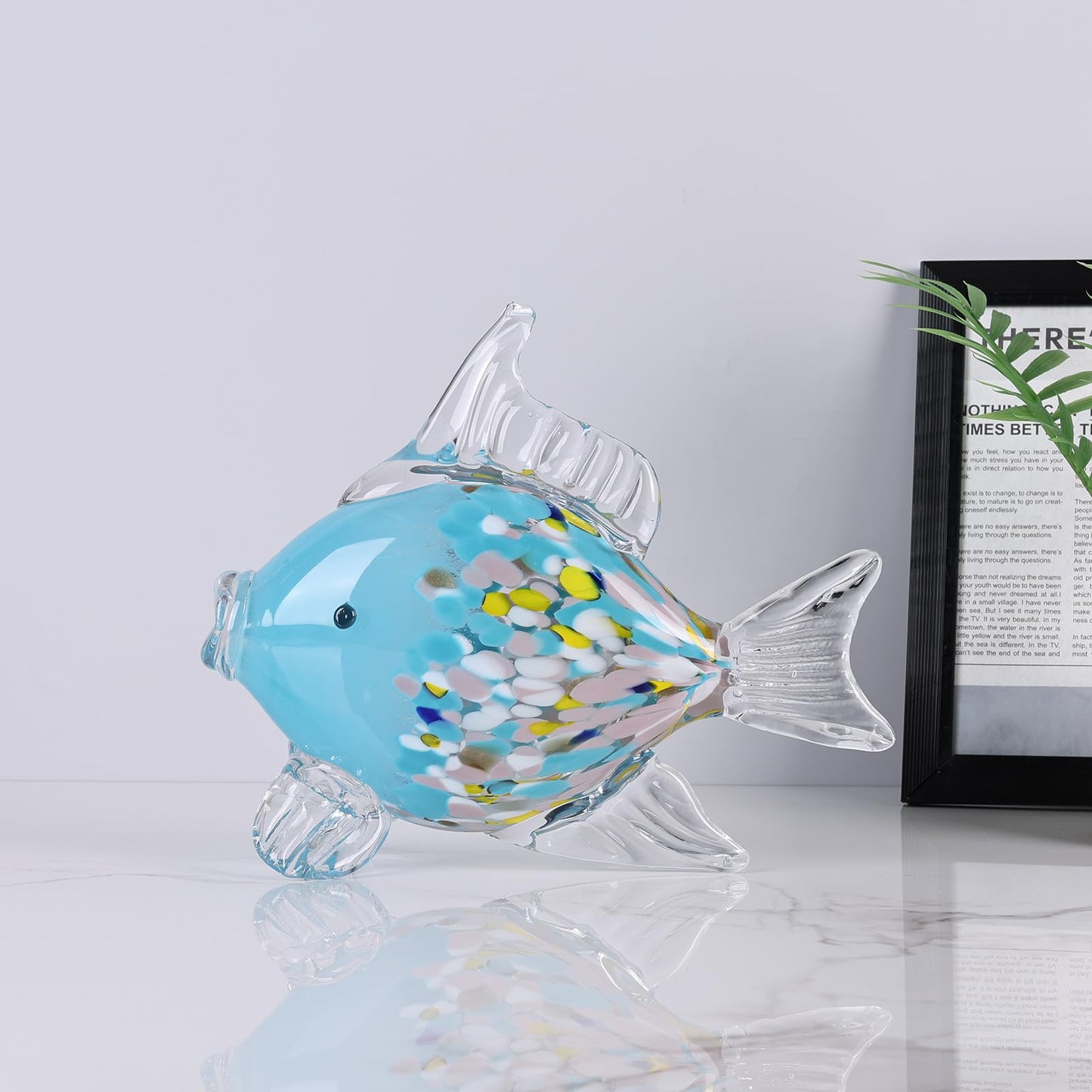 LINYTHER Large Glass Fish Figurine for Home Decor, Hand Blown Art Glass Ocean Animal Statue, Decorative Coastal and Beach Themed Sculpture for Table, Shelf, Bathroom, Living Room or Office