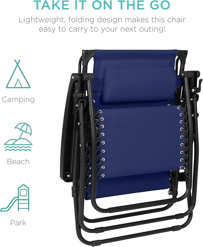Best Choice Products 30” Wide Folding Zero Gravity Outdoor Recliner Patio Lounge Chair w/Adjustable Canopy Shade, Headrest, Side Accessory Tray - Navy Blue