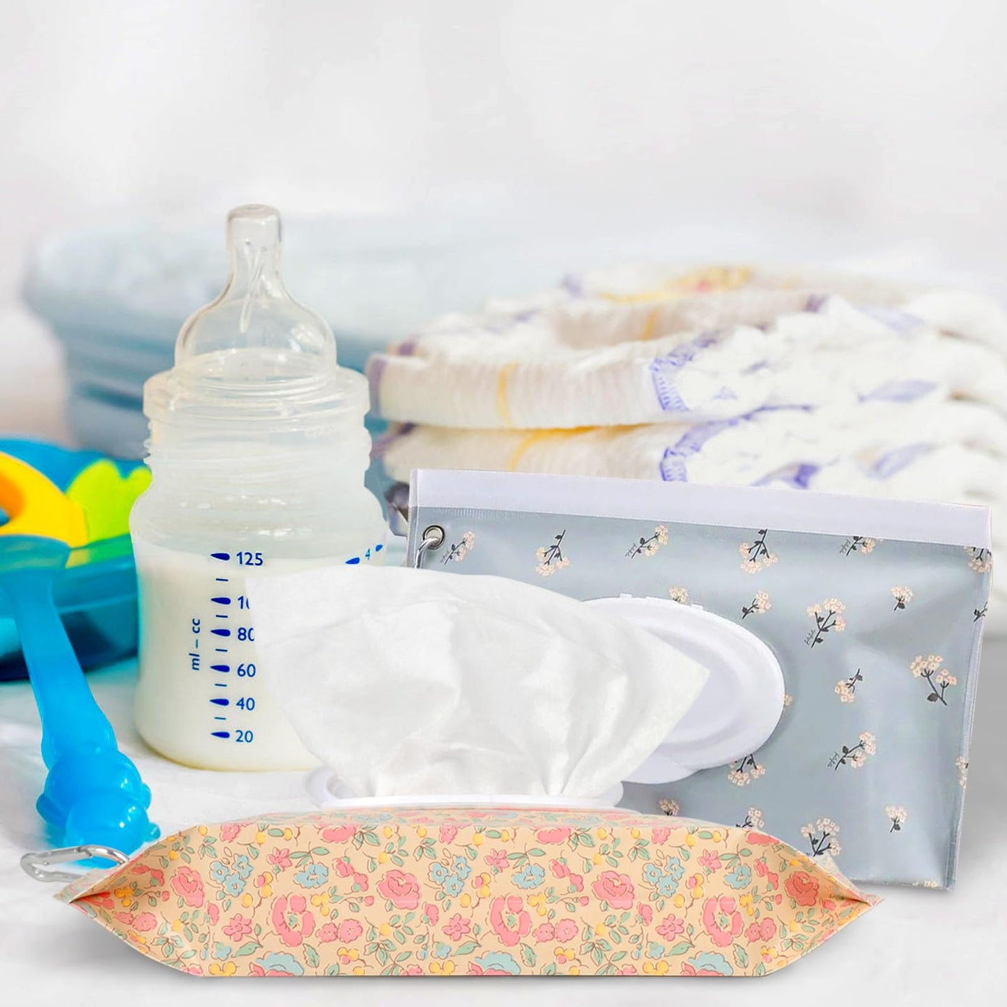 2Packs Baby Wipes Dispenser Portable Baby Wipe Holder Refillable Wet Wipes Container Reusable Travel Wipes Case, Keeps Wipes Fresh(Blue)