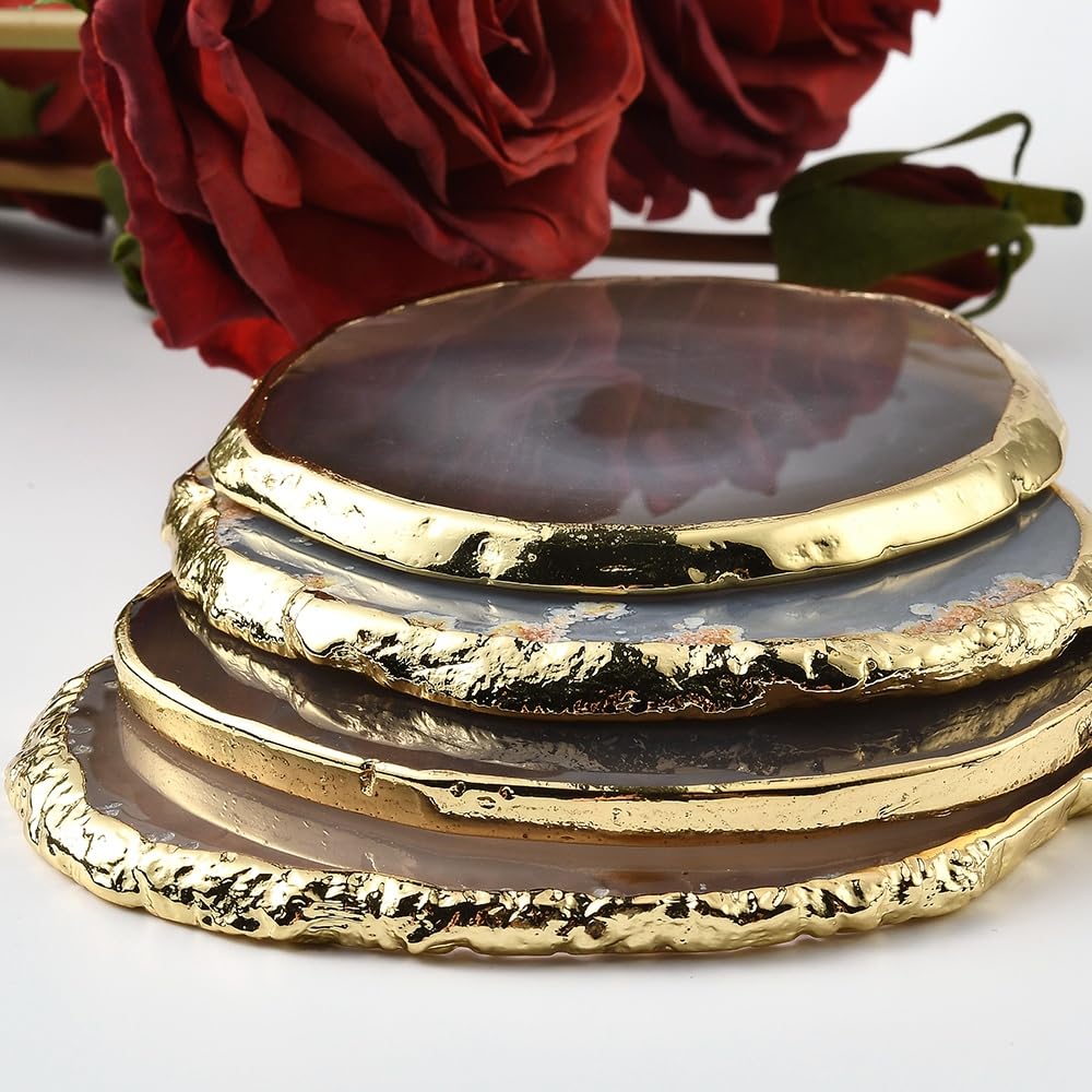 Blueshyhall Natural Agate Coasters Bar Beer Coffee Tea Coaster,White Agate Slices Cup Mat with Gold Plated Edge for Home Decor (Set of 4)