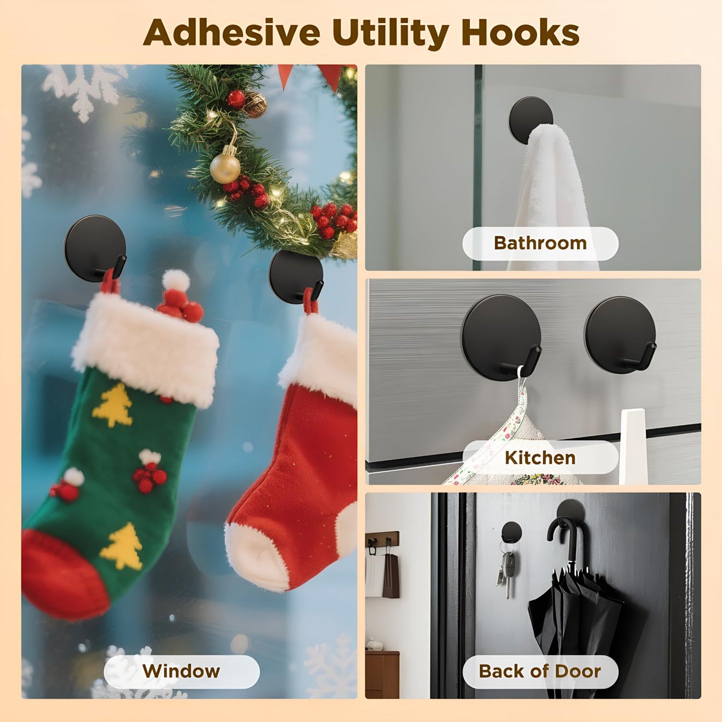 OUTXE Adhesive Wreath Hanger, Heavy Duty Reef Hook | for Front Door Glass Window | for Christmas/Thanksgiving/Halloween/July 4th/Easter/Valentine/Fall/Summer/Spring (Black, 2-Pack)