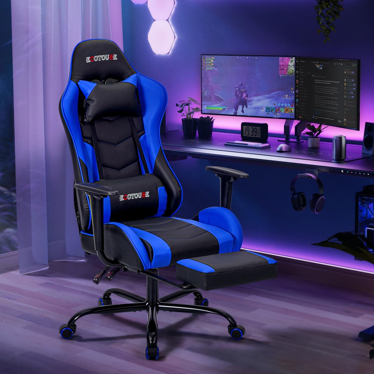 ECOTOUGE PC Massage Gaming Chair with Footrest Ergonomic Office Desk Chair Racing PU Leather Recliner Swivel Rocker with Headrest and Lumbar Pillow, Blue