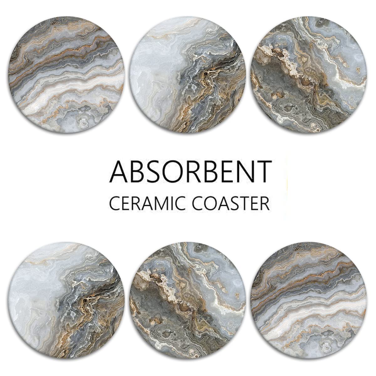 Britimes Coaster for Drinks Set of 6, Grey Marble Golden Stone Agate Table Absorbent Round Ceramic Stone Mat, with Cork Base and Metal Holder, Gift for Housewarming Room Bar Decor