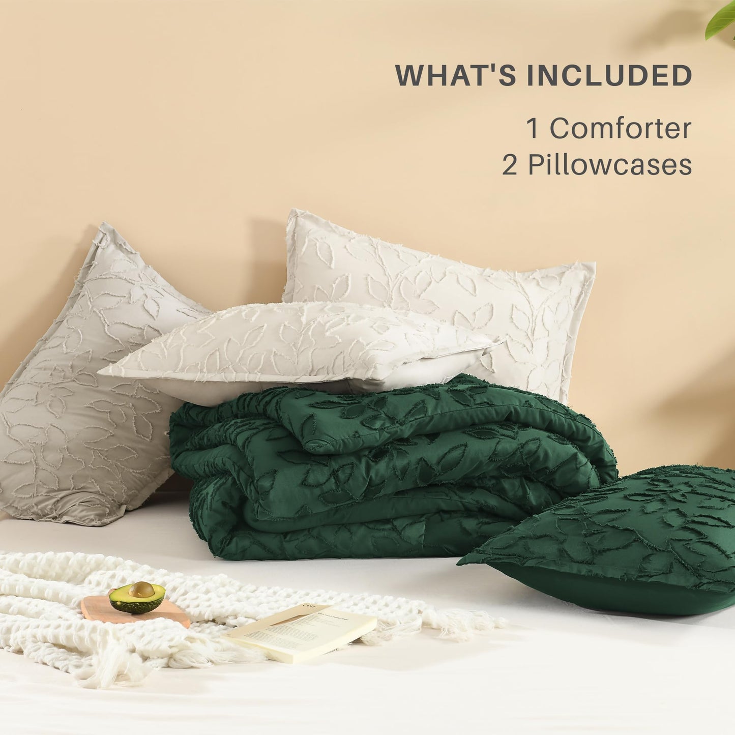 Litanika King Size Comforter Set Beige, 3 Piece Cream Boho Tufted Bedding, Fluffy Farmhouse Bed Set for All Season with 2 Leaf Pattern Pillowcases(104x90In)