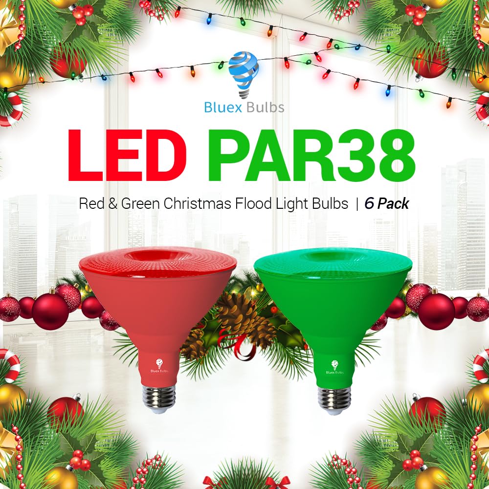6 Pack BlueX LED Par38 Flood Green Red Light Bulb - 18W (120Watt Equivalent) - Dimmable - Green Red E26 LED Lights, Party Decoration, Porch, Home Christmess Lighting