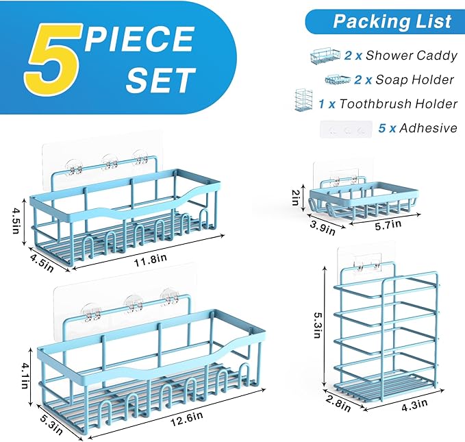 EUDELE 5-Pack Rustproof Stainless Steel Shower Caddy – No Drill Adhesive