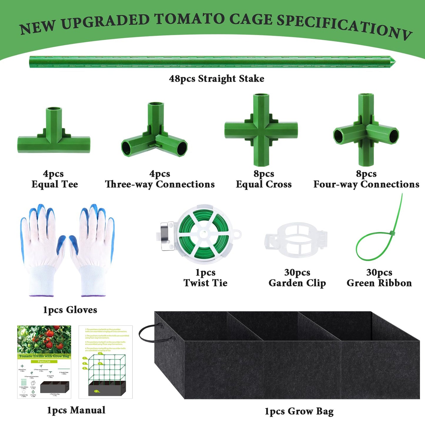51x17x49 Inch Garden Tomato Cages with 46 Gallon Grow Bags, Square Plant Support Trellis Assembled with Planter Bags, Garden Cucumber Vegetables Frames for Vertical Climbing Plants