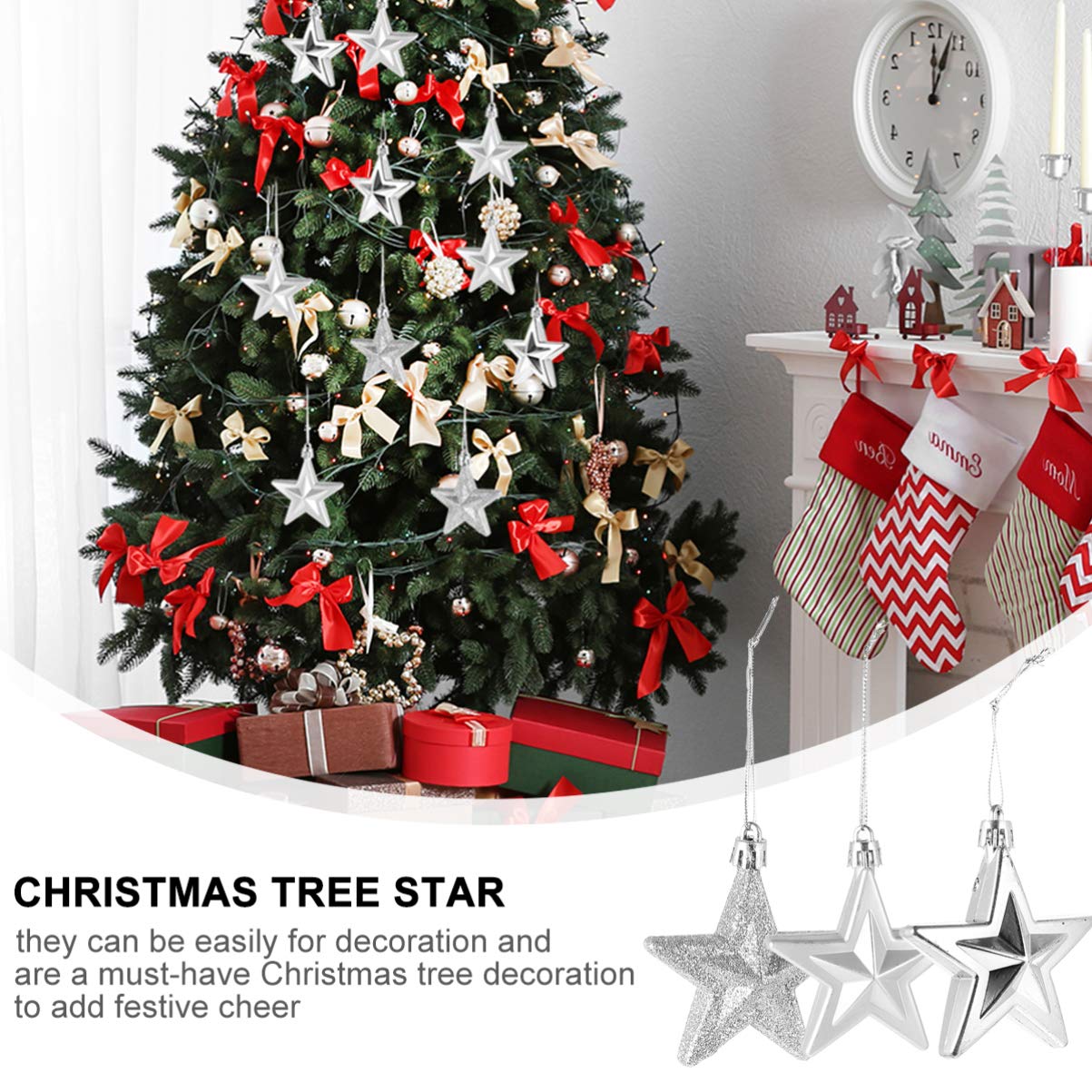 Star Christmas Tree Ornaments 18Pcs Silver Star Hanging Ornaments Shatterproof Craft for Holiday Party