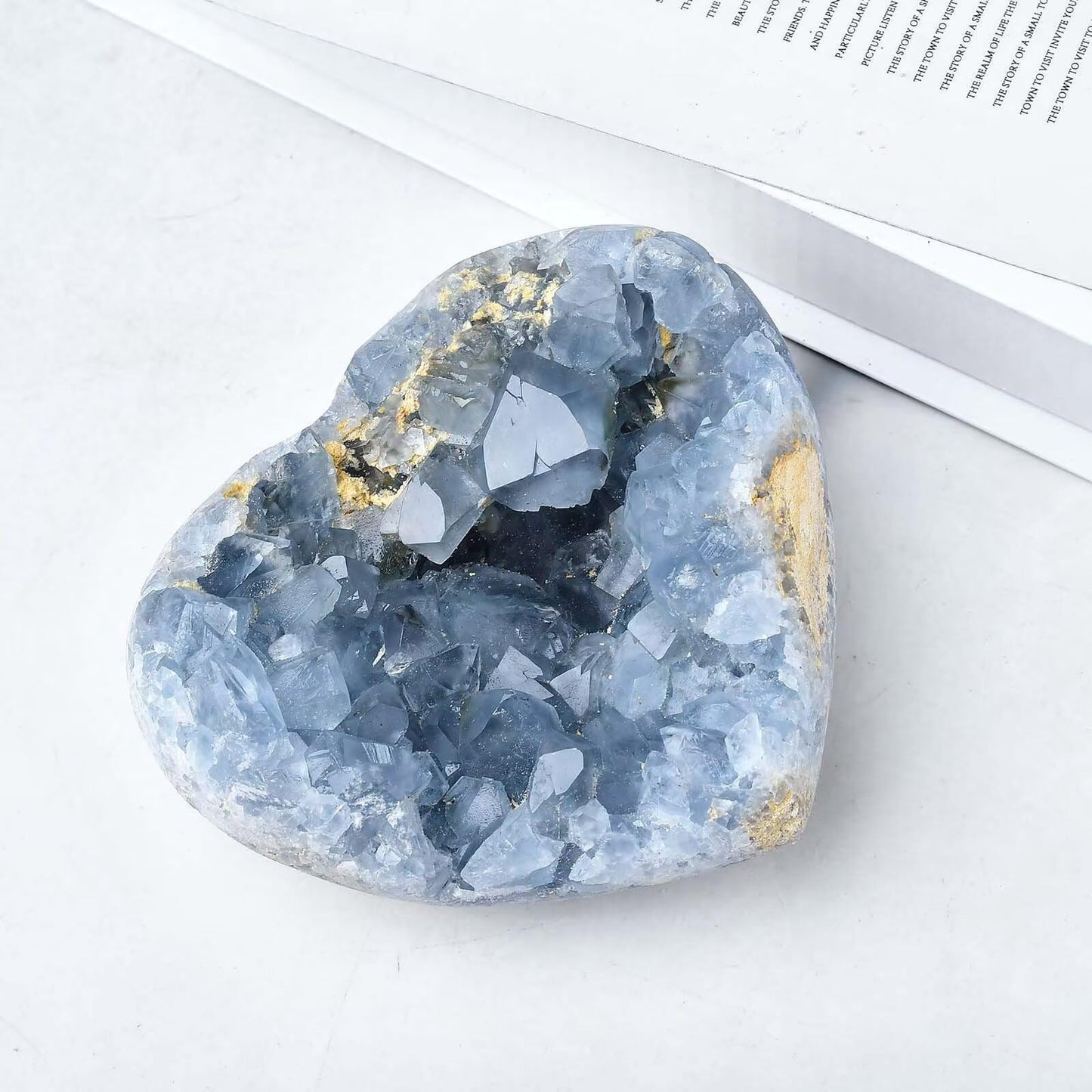 FZBHRO Extra Large Blue Celestite Geode Heart Healing Crystal Stone Collection Mineral Specimen with Stand Home Office Decor 1.7-2.2 Pound