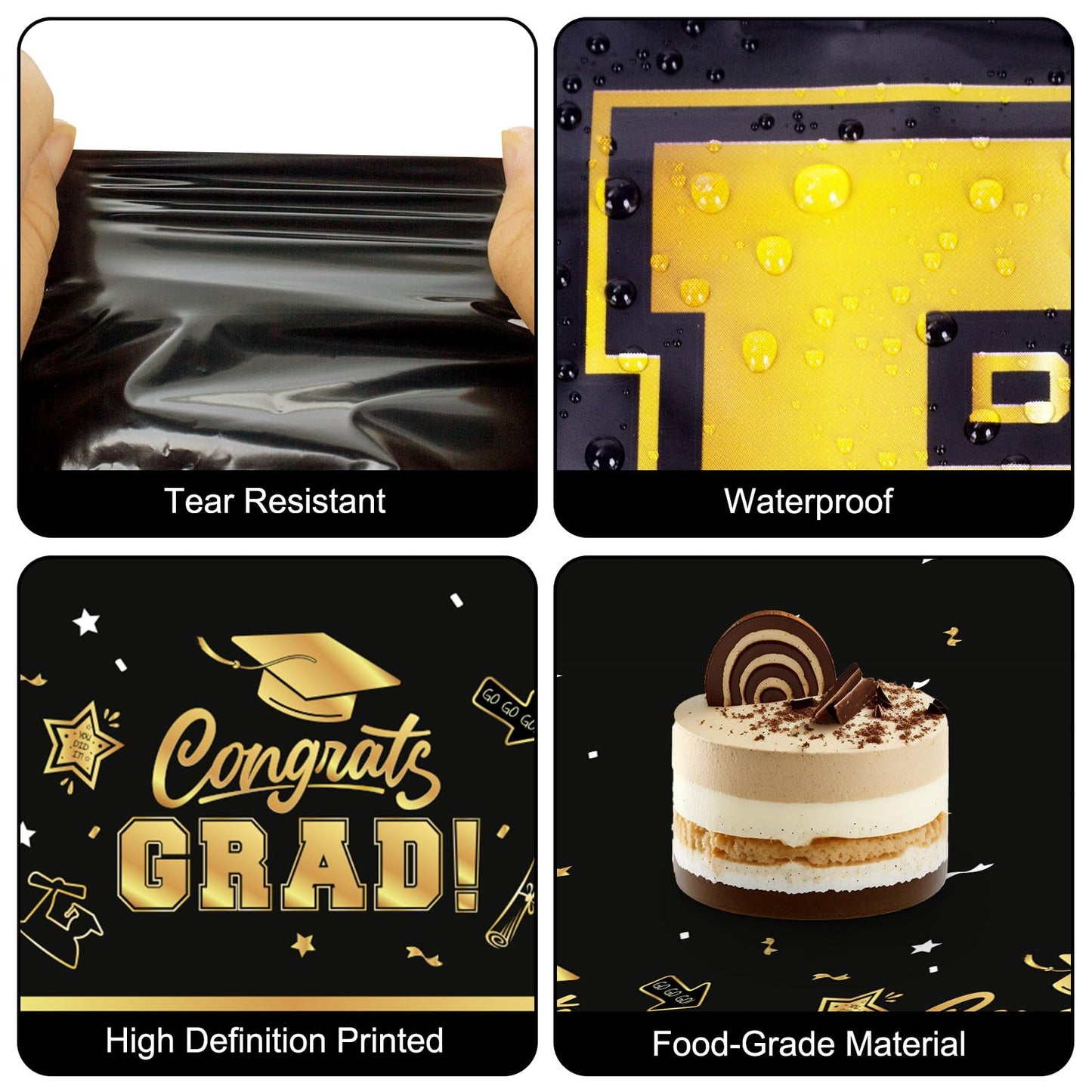 2 Pack Graduation Tablecloth - Congrats Grad Table Cloths, Plastic Disposable Rectangle Black Gold Class of 2025 Table Cover for Graduation Tables Decorations Party Decor Supplies Favors,108 x 54 Inch