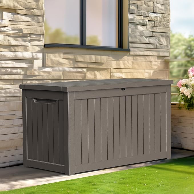 280 Gallon Resin Deck Box, Lockable Patio Outdoor Storage Box for Furniture, Garden Tools and Tools Storage, Waterproof Outside Storage Boxes - Grey