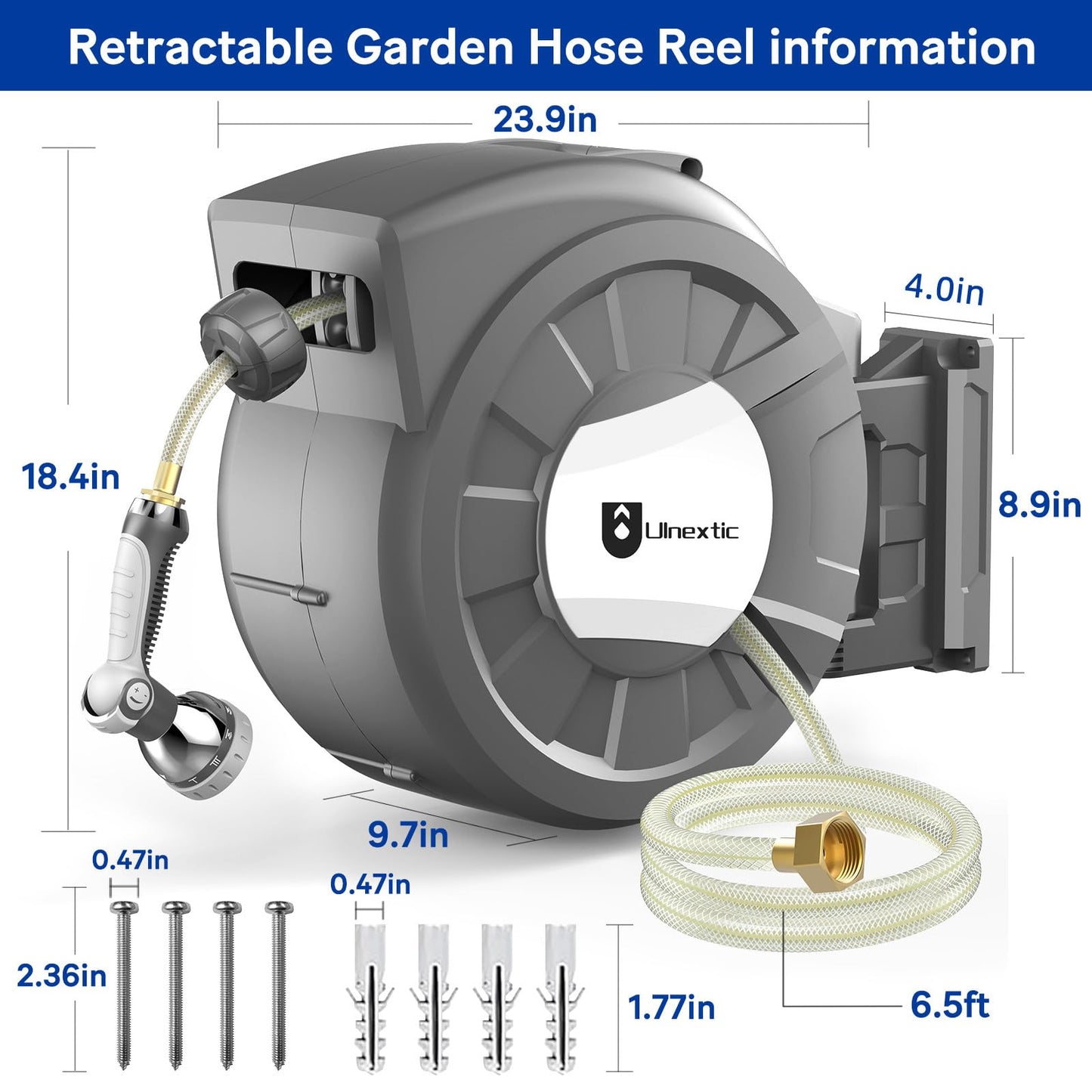 Retractable Garden Hose Reel, 1/2 in x 125 ft Wall Mounted Hose Reel, 10-Pattern Spray Nozzle, Any Length Lock/Slow Return System/Wall Mounted/180°Swivel Bracket