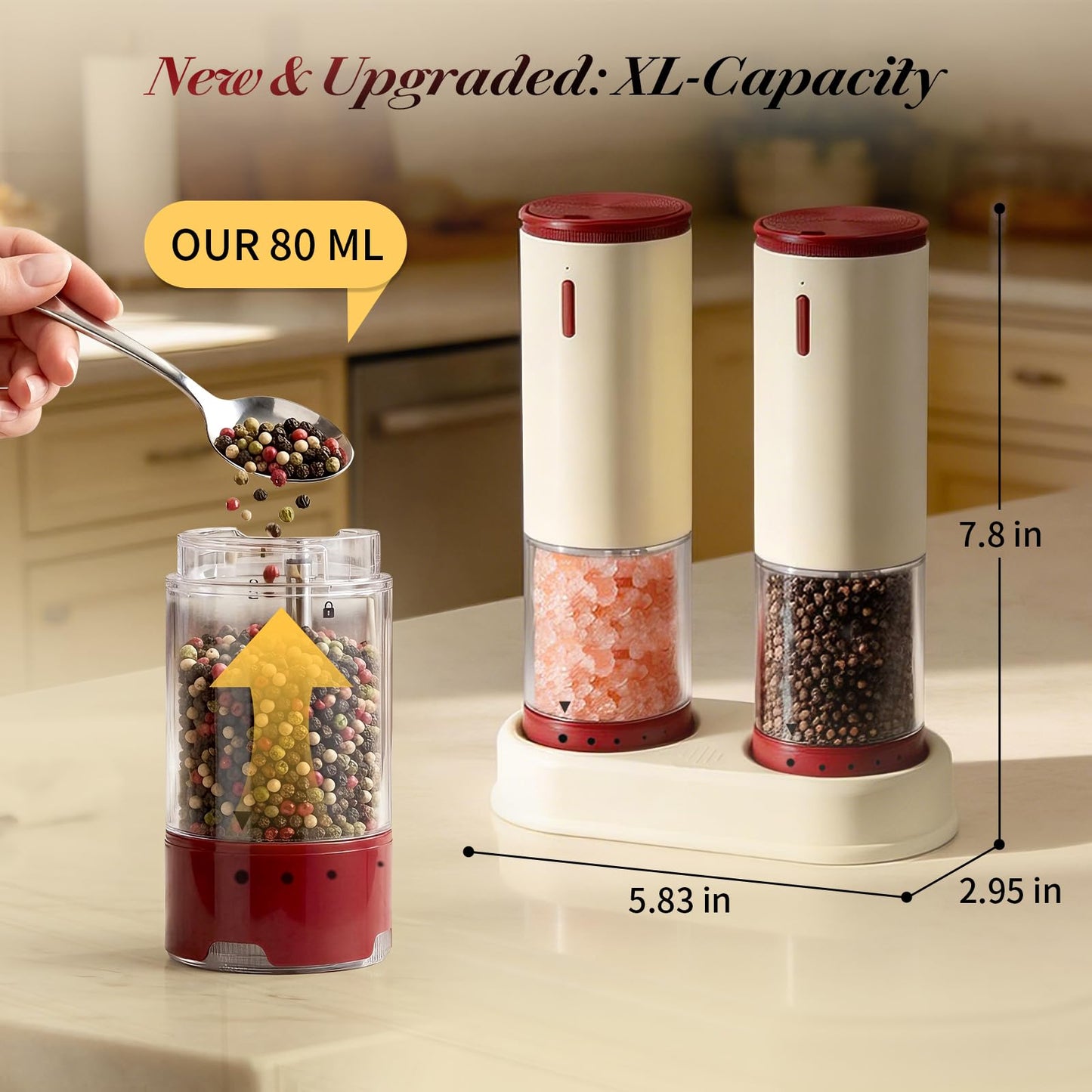 Electric Salt and Pepper Grinder Set Automatic Rechargeable Salt and Pepper Shakers Kitchen Appliances with Storage Base External Adjustable Coarseness & Upgraded Large Capacity for Mom Gifts-2 PCS