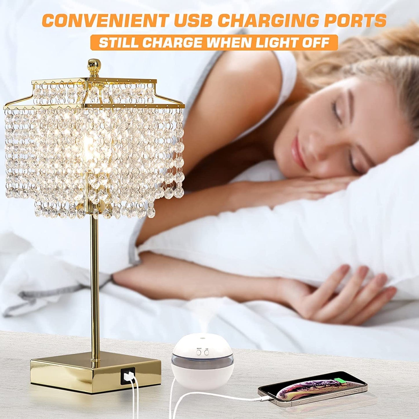 Luvkczc Crystal Touch Table Lamp, Bedside Lamps with with USB C+A Ports, Gold Bedroom Lamp, Dimmable Lamp with Crystal Shade, Nightstand Lamps for Bedroom, Living Room, Bulb Included