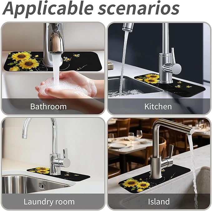 Kitchen Sink Splash Guard,sunflowers-and bees- Faucet Mat Sink Gadgets-Super
