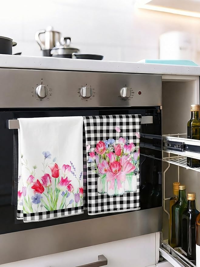 Bencailor 4 Pcs Spring Tulip Kitchen Towels Floral Flower Hand Dish Towels Pink