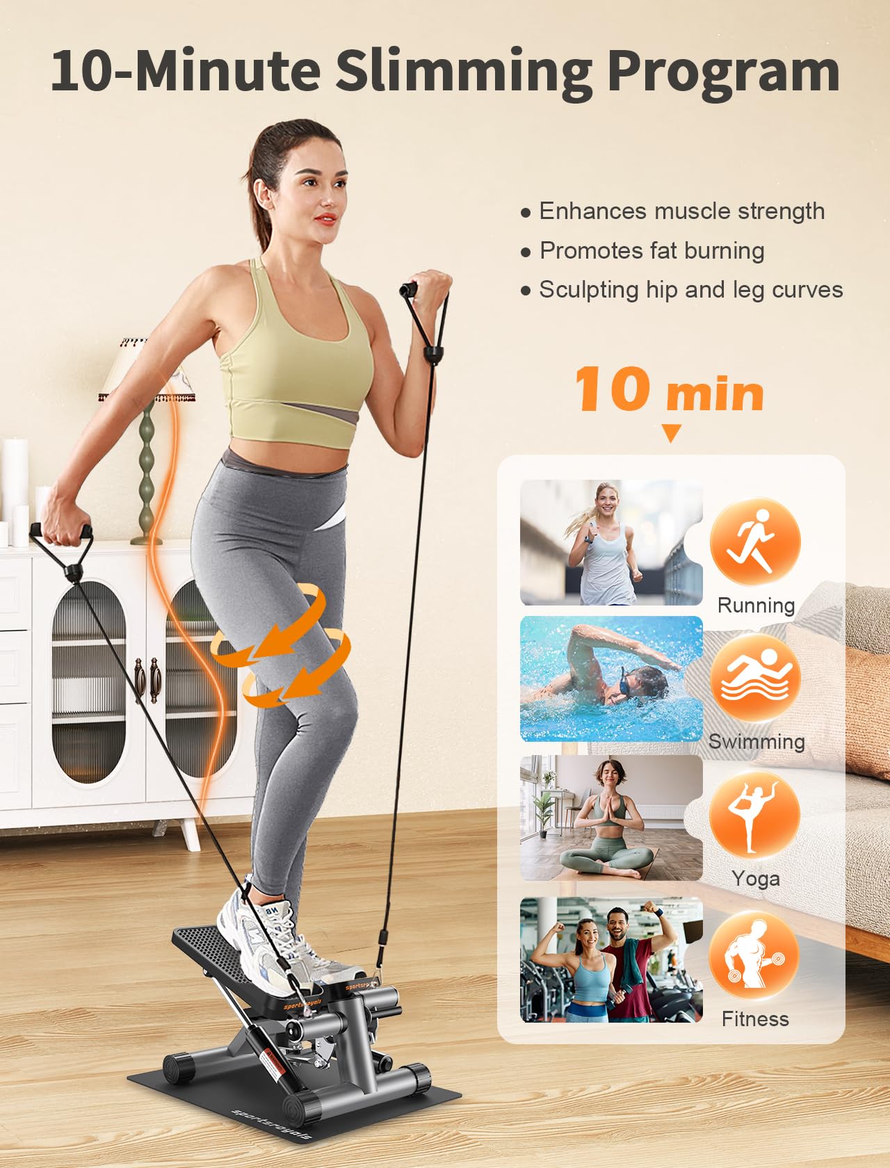 Sportsroyals Stair Stepper for Exercise with Mat, Mini Steppers with Resistance Band, Hydraulic Fitness Stepper Exercise Home Workout Equipment for Full Body Workout, 330lbs Weight Capacity