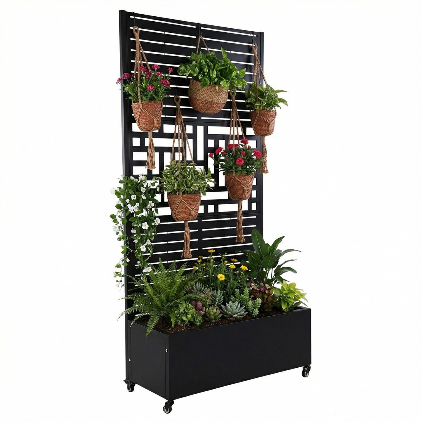 FASDRESS Metal Planter Box with Trellis Standing Planter Box for Climbing Plants/Vines Raised Garden Bed On Wheels 70.87x35.43x15.75 Inch (01)