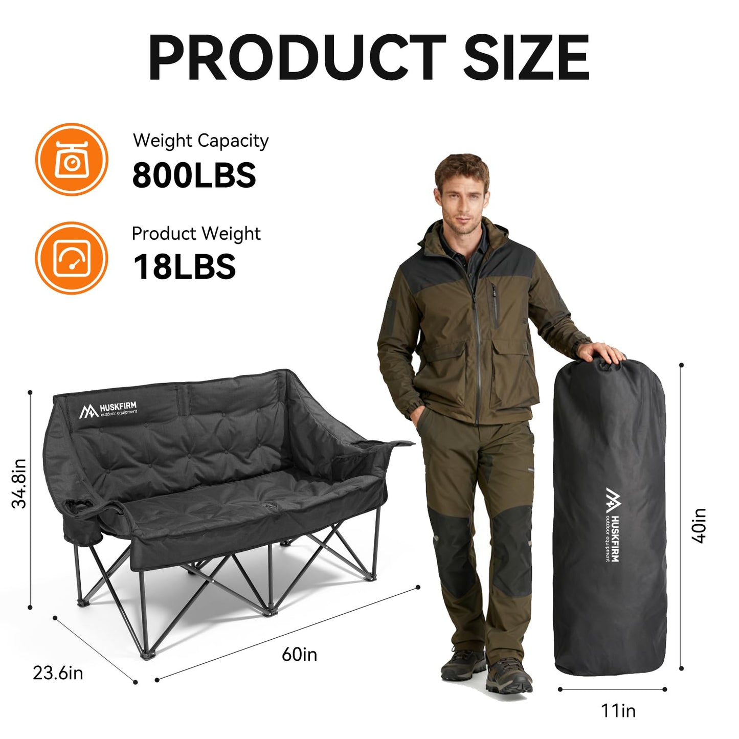 Huskfirm Double Camping Chair Padded Camping Chairs Heavy Duty 2 Person Camping Chair Oversized Loveseat Camping Chair with Cup Holders Camping Couch Support 800LBS,Black