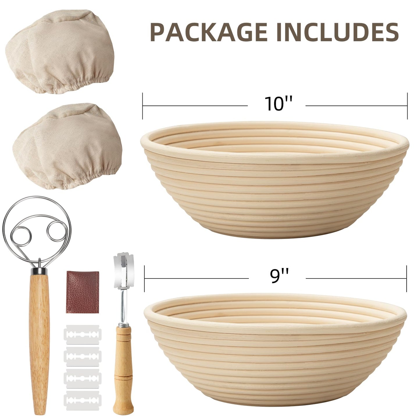 Bread Proofing Basket, Kikcoin Banneton Bread Proofing Basket Set of 2, 9 Inch & 10 Inch Round Sourdough Proofing Basket with Linen Liner, Bread Lame, Dough Whisk