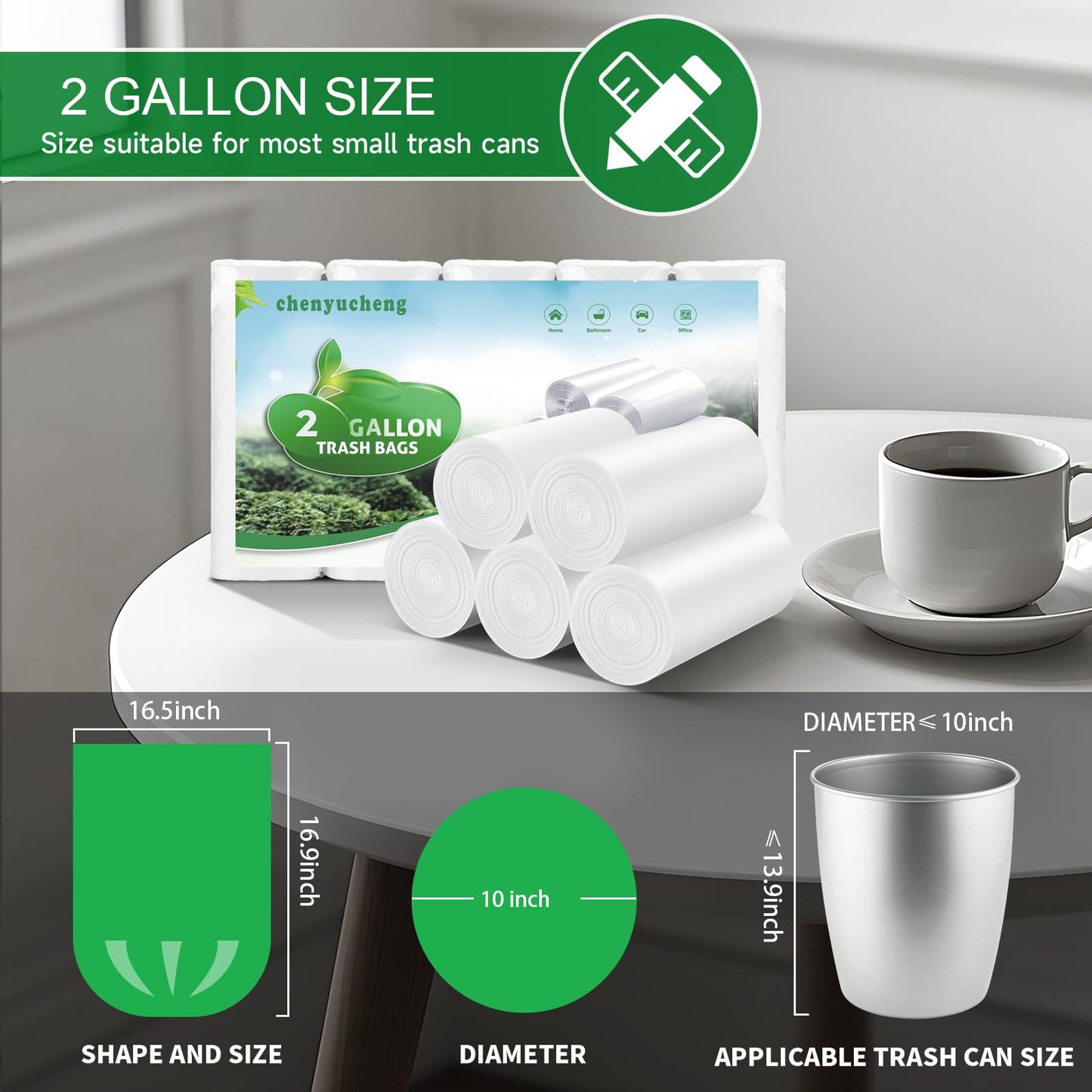 2 Gallon Biodegradable Mini Trash Bags - White Compostable Small Garbage Bag For Bathroom Can Unscented Kitchen Office Car Waste Basket Liners 100 count Tiny Strong Thick Chenyucheng