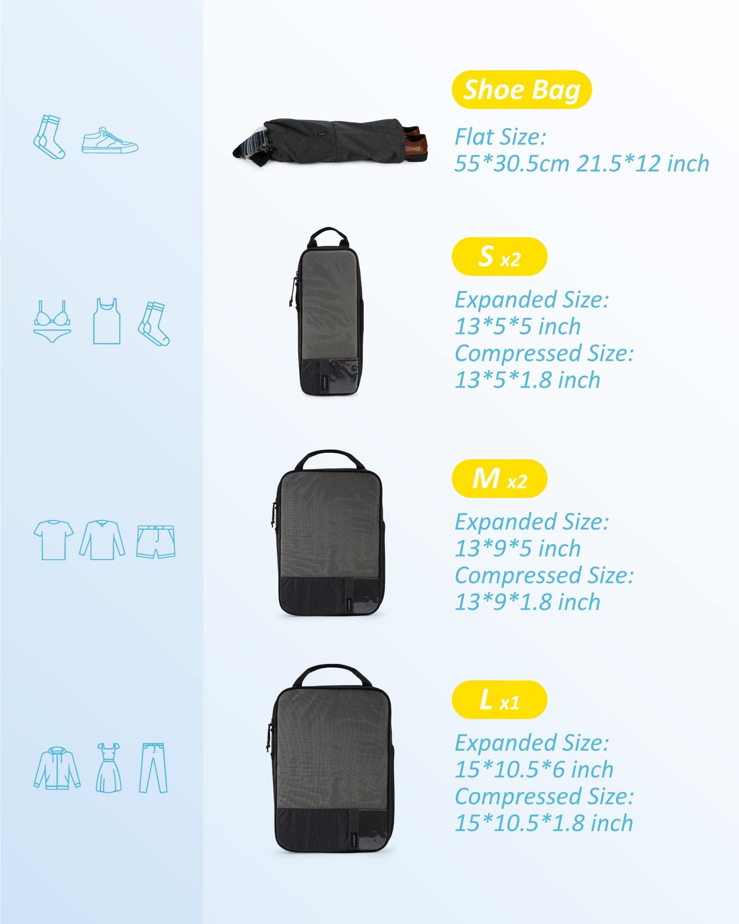 BAGSMART 6 Set Travel Organizer Cubes - Packing Cubes for Suitcases - Polyester, Rectangular, Zipper Closure - Black - Lightweight, Compression - Travel Accessories