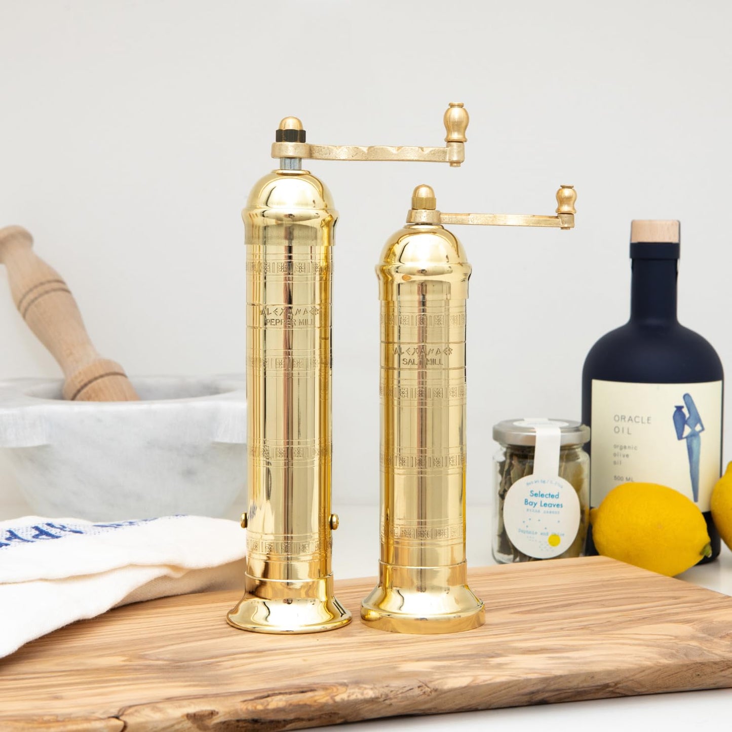 Alexander Home Original Greek Salt Mill, 8-Inch Brass– European Manual Salt Grinder Refillable, with Polishing Cloth